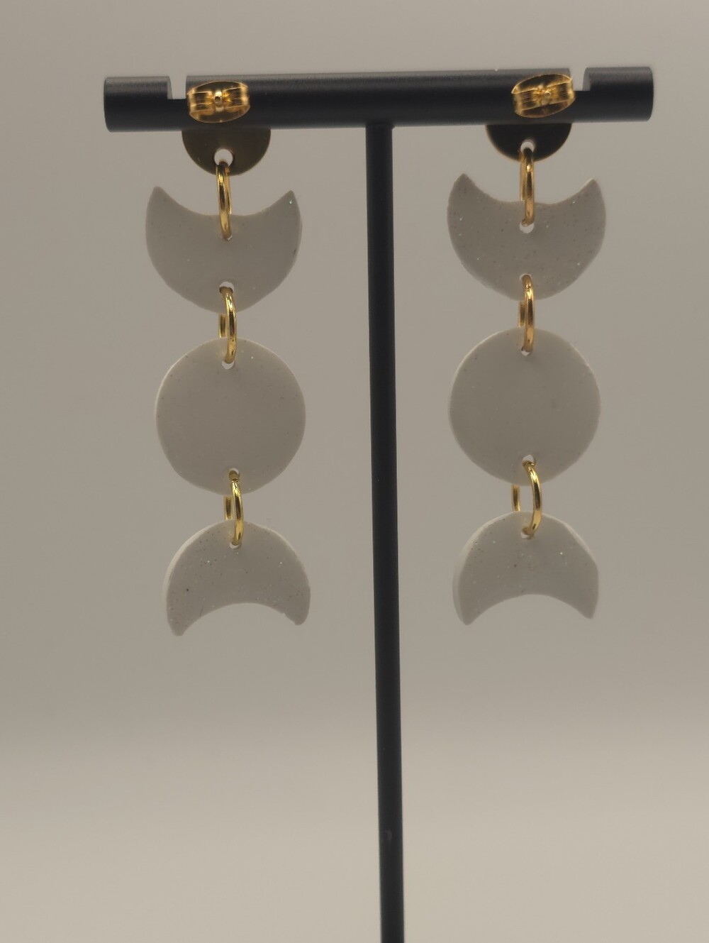 Hand Crafted Gold & White Crescent Drop Earrings - Picture 3 of 3